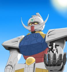 Rule 34 | animal, aron e, chinese zodiac, cow, day, from below, glowing, glowing eyes, gundam, highres, holding, holding animal, mecha, no humans, robot, sky, solo focus, sun, turn a gundam, turn a gundam (mobile suit), upper body, year of the ox, yellow eyes