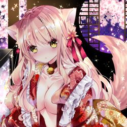 Rule 34 | 1girl, animal ear fluff, animal ears, bad id, bad pixiv id, bell, black collar, blush, bow, breasts, cat ears, cat girl, cat tail, cherry blossoms, cleavage, collar, collarbone, commentary request, floral print, flower, hair bow, hair flower, hair ornament, japanese clothes, jingle bell, kimono, light brown hair, long hair, looking at viewer, medium breasts, nanase kureha, nanase nao, neck bell, open clothes, open kimono, original, parted lips, petals, pink flower, print kimono, red bow, red flower, red kimono, round window, solo, tail, tail raised, unmoving pattern, very long hair, window, yellow eyes