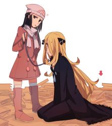 Rule 34 | 00s, 2girls, age difference, anger vein, aoki shizumi, arrow (projectile), beanie, blonde hair, blue eyes, blue hair, blush, book, boots, child, collar, creatures (company), cynthia (pokemon), dawn (pokemon), game freak, hair over one eye, hat, leash, long hair, looking at viewer, multiple girls, nintendo, onee-loli, pet play, pink footwear, pointer, pointing, pokemon, pokemon dppt, scarf, sitting, skirt, tears, winter clothes, yuri