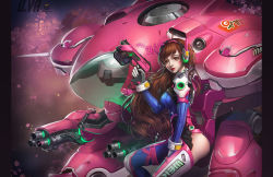 Rule 34 | 1girl, animal print, arm cannon, armor, artist name, ass, between legs, bodysuit, boots, bracer, breasts, brown eyes, brown hair, character name, charm (object), cherry blossoms, clothes writing, copyright name, d.va (overwatch), emblem, facepaint, facial mark, gatling gun, gloves, gun, hand between legs, hand up, handgun, headphones, headset, highres, holding, holding gun, holding weapon, kaorihero, letterboxed, lips, lipstick, logo, long hair, long sleeves, makeup, matching hair/eyes, mecha, medium breasts, meka (overwatch), overwatch, overwatch 1, parted lips, pauldrons, petals, pilot suit, rabbit print, realistic, red lips, ribbed bodysuit, robot, shoulder armor, shoulder pads, sitting, skin tight, smile, solo, thigh boots, thigh strap, thighhighs, thrusters, turtleneck, weapon, whisker markings, white footwear, white gloves, white thighhighs, wind