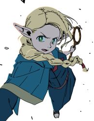Rule 34 | 1girl, blonde hair, blue capelet, braid, capelet, dungeon meshi, elf, highres, holding, holding staff, hood, hooded capelet, mage staff, marcille donato, mikuchi sunkuo, perspective, pointy ears, self-upload, solo, staff, white background