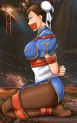 Rule 34 | 1girl, arms behind back, ass, bdsm, bondage, bound, bound ankles, bound arms, bound legs, bound wrists, breasts, brown eyes, brown hair, bun cover, capcom, chain, chinese clothes, chun-li, double bun, from side, gag, hair bun, highres, improvised gag, kneeling, large breasts, long legs, looking away, lost one zero, pantyhose, seiza, short hair, sitting, street fighter, sweat, tape, tape bondage, tape gag