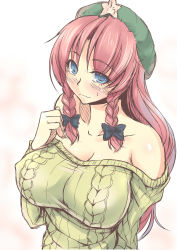 Rule 34 | 1girl, alternate costume, bare shoulders, blue eyes, bow, braid, breasts, cleavage, hair bow, hat, highres, hong meiling, kinntarou, large breasts, long hair, looking at viewer, red hair, ribbed sweater, sketch, solo, star (symbol), sweater, touhou, twin braids
