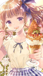 Rule 34 | 1girl, belt, blueberry, blush, breasts, brown hair, collarbone, commentary request, fingernails, flower, food, fruit, gradient background, hair ribbon, head tilt, highres, holding, holding spoon, incoming food, looking at viewer, open mouth, original, parfait, pechi (peeechika), purple eyes, ribbon, rose, shirt, short sleeves, side ponytail, skirt, small breasts, solo, spoon, striped clothes, striped skirt, teeth, trellis, upper body, upper teeth only, vertical-striped clothes, vertical-striped skirt, white flower, white rose, yellow shirt