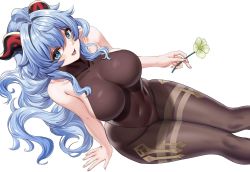 Rule 34 | 1girl, alternate eye color, arm support, bare shoulders, blue eyes, blue hair, bodysuit, breasts, brown bodysuit, collarbone, commentary, covered navel, english commentary, flower, from above, ganyu (genshin impact), genshin impact, goat horns, hair between eyes, highres, holding, holding flower, horns, large breasts, long hair, looking at viewer, open mouth, piukute062, qingxin flower, simple background, sitting, smile, solo, white background