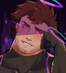 Rule 34 | 1boy, bara, beard, black bodysuit, bodysuit, brown hair, close-up, elbow rest, evil smile, facial hair, glowing, glowing eyes, halo, highres, lisuchi, looking at viewer, male focus, mature male, nether angel (housamo), portrait, purple eyes, short hair, skin tight, smile, solo, stubble, tokyo houkago summoners