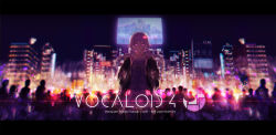 Rule 34 | 1girl, artist name, building, closed mouth, collarbone, copyright name, crowd, english text, hair ornament, hands in pockets, highres, inabi, letterboxed, looking at viewer, low twintails, night, purple eyes, purple hair, silhouette, solo focus, twintails, vocaloid, voiceroid, yuzuki yukari