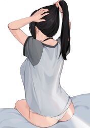 Rule 34 | 1girl, anti (0324), arms up, ass, bare legs, bed sheet, black hair, commentary request, facing away, from behind, glasses, original, panties, ponytail, shirt, sidelocks, sitting, solo, t-shirt, thighs, tying hair, underwear, wedgie, white panties