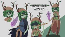 Rule 34 | 1girl, absurdres, adventure time, antlers, arrow (projectile), boots, cape, character name, colored sclera, colored skin, commentary, domino mask, flute, full body, gloves, green eyes, green hair, green sclera, green skin, hat, highres, holding, horns, huntress wizard, instrument, leaf, looking at viewer, mask, multiple views, plant hair, playing flute, single glove, skewedcanvas, slit pupils, standing, transverse flute