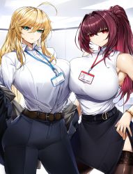 Rule 34 | 2girls, ahoge, artoria pendragon (fate), artoria pendragon (lancer) (fate), belt, belt buckle, blonde hair, bracelet, breasts, buckle, casul, collared shirt, fate/grand order, fate (series), green eyes, hair between eyes, hand on own hip, high-waist pants, highres, id card, jacket, jacket partially removed, jewelry, large breasts, long hair, looking at viewer, multiple girls, office lady, pants, ponytail, purple eyes, red eyes, scathach (fate), shirt, skirt, sleeveless, sleeveless shirt, thighhighs