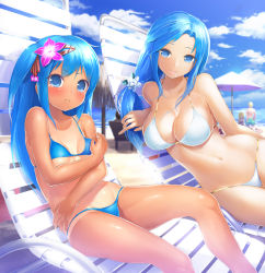 Rule 34 | &gt;:&lt;, 2girls, :&lt;, bad id, bad pixiv id, beach, beach chair, beach umbrella, bikini, blue bikini, blue eyes, blue hair, blue sky, blurry, breasts, cleavage, closed mouth, cloud, covering privates, day, depth of field, embarrassed, eyebrows, flower, furrowed brow, groin, hair flower, hair ornament, hair ribbon, hairclip, halterneck, large breasts, leaning to the side, long hair, low-tied long hair, multiple girls, navel, ocean, one-piece tan, one side up, original, outdoors, parted bangs, pink flower, ribbon, sand, self hug, shade, sitting, sky, small breasts, smile, solru, string bikini, swimsuit, tan, tanline, tears, umbrella, underboob, v-shaped eyebrows, white bikini, white flower