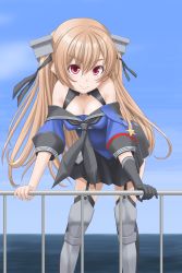 Rule 34 | 1girl, black gloves, black skirt, black thighhighs, blue background, blue shirt, blue sky, breasts, cleavage, cloud, collarbone, day, garter straps, gloves, gradient background, gradient sky, highres, johnston (kancolle), kantai collection, leaning forward, light brown hair, long hair, looking at viewer, medium breasts, off shoulder, pleated skirt, railing, red eyes, sailor collar, school uniform, serafuku, shin guards, shirt, single glove, skirt, sky, solo, standing, t2r, thighhighs, twintails, two side up, united states medal of honor, waving