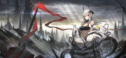Rule 34 | 1girl, absurdres, arknights, armband, bare shoulders, breasts, chromatic aberration, cityscape, cleavage, collar, earrings, hair ornament, hammer, helmet, highres, horns, huge breasts, huge filesize, infection monitor (arknights), jewelry, long hair, looking at viewer, material growth, mudrock (arknights), mudrock (elite ii) (arknights), navel, originium (arknights), oripathy lesion (arknights), outdoors, parted lips, pointy ears, red eyes, sapysha, silver hair, solo, standing, sweat, tail, tank top, unworn headwear, unworn helmet