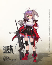 Rule 34 | 1girl, :3, ahoge, ankle boots, barcode, barcode tattoo, bare shoulders, black footwear, black skirt, bolt action, boots, breasts, buckle, closed mouth, coat, curly hair, earrings, framed breasts, full body, fur-trimmed coat, fur trim, girls&#039; frontline, gloves, goggles, goggles on head, green eyes, grey hair, gun, hair bobbles, hair ornament, head tilt, heterochromia, highres, holding, holding gun, holding weapon, jewelry, knee pads, large breasts, long hair, looking at viewer, off shoulder, official art, open clothes, open coat, red coat, red eyes, red footwear, rifle, scope, sidelocks, sig ssg 3000, skirt, smile, snap-fit buckle, sniper rifle, socks, solo, ssg3000 (girls&#039; frontline), standing, stud earrings, sweater, sweater vest, tattoo, thigh strap, tinted eyewear, turtleneck, turtleneck sweater, two side up, very long hair, weapon, white sweater, zipper