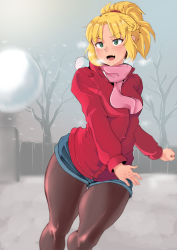 Rule 34 | 1girl, absurdres, blonde hair, blush, breath, cafin, denim, denim shorts, fate/grand order, fate (series), green eyes, highres, jacket, mordred (fate), mordred (fate/apocrypha), open mouth, outdoors, pantyhose, ponytail, shorts, snow, snowball, snowing, solo, tsundere, winter, winter clothes