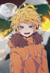Rule 34 | 1boy, blonde hair, blue eyes, english text, highres, hood, hood down, open mouth, parka, short hair, smile, solo, south park, south park: bigger longer and uncut