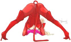 Rule 34 | 1girl, ass, blonde hair, bodysuit, boots, breasts, cleavage cutout, clothing cutout, commentary request, crotch seam, fake tail, from behind, gloves, high heel boots, high heels, jack-o&#039; challenge, komugi (mugiwaraclub), large breasts, latex, long hair, meme, persona, persona 5, red bodysuit, red footwear, red mask, shiny clothes, signature, solo, tail, takamaki anne, thigh boots, thighhighs, underboob, upside-down