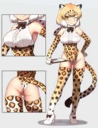 Rule 34 | 10s, 1girl, ;), adapted costume, animal ears, armpits, ass, bad id, bad nicoseiga id, blonde hair, blush, bow, breasts, cameltoe, clipboard, elbow gloves, full body, fur collar, gloves, gluteal fold, high heels, iwahana, jaguar (kemono friends), jaguar ears, jaguar print, jaguar tail, japari symbol, kemono friends, large breasts, leotard, looking at viewer, multicolored hair, one eye closed, short hair, simple background, sleeveless, smile, solo, standing, tail, thighhighs, underbust, white hair, yellow eyes