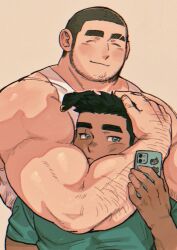 Rule 34 | 2boys, animal ears, bad tag, bara, biceps, blush, buzz cut, cheek press, dog ears, facial hair, flexing, flexing around head (meme), goatee stubble, hairy, highres, holding, holding phone, inuyama masato (shan), kumano daigo (shan), long sideburns, looking at viewer, male focus, meme, multiple boys, muscular, muscular male, original, phone, photo-referenced, selfie, shan (shanshankuo), short hair, sideburns, size difference, smile, stubble, taking picture, thick arm hair, thick eyebrows, upper body, very short hair, yaoi
