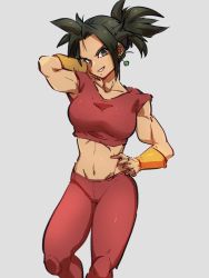 Rule 34 | 1girl, abs, arm behind head, black eyes, black hair, breasts, clenched teeth, collarbone, dark-skinned female, dark skin, dragon ball, dragon ball super, earrings, eyelashes, feet out of frame, grey background, grin, hand on own hip, head tilt, high ponytail, jewelry, kefla (dragon ball), kemachiku, knees apart feet together, large breasts, looking at viewer, midriff, muscular, muscular female, navel, pants, ponytail, potara earrings, red pants, shiny clothes, shiny skin, short ponytail, sidelocks, simple background, smile, solo, spiked hair, standing, teeth, track pants, v-shaped eyebrows, wristband