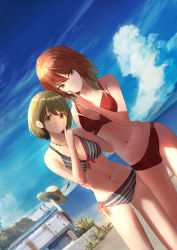Rule 34 | 2girls, absurdres, aketa mikoto, beach, bikini, blonde hair, blue eyes, blue sky, breasts, brown eyes, brown hair, cleavage, closed mouth, cloud, collarbone, day, dutch angle, finger to mouth, front-tie bikini top, front-tie top, hand on another&#039;s shoulder, heterochromia, highres, idolmaster, idolmaster shiny colors, index finger raised, jewelry, kadomaki madoka, long hair, looking at viewer, medium breasts, multicolored hair, multiple girls, nanakusa nichika, navel, necklace, outdoors, red bikini, short hair, shushing, side-tie bikini bottom, sky, smile, striped bikini, striped clothes, swimsuit, two-tone hair