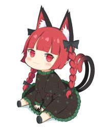 Rule 34 | 1girl, :3, animal ear fluff, animal ears, blush, braid, bright pupils, cat ears, cat tail, chibi, commentary request, crys (dai), dress, extra ears, full body, green dress, highres, kaenbyou rin, leaning forward, long hair, multiple tails, nekomata, pointy ears, red eyes, red hair, sitting, solo, tail, touhou, twin braids, two tails, wariza, white pupils