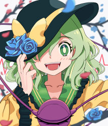 Rule 34 | 1girl, :d, absurdres, black hat, blue flower, bow, bright pupils, collarbone, commentary request, flower, green eyes, green hair, hat, hat bow, highres, komeiji koishi, looking at viewer, open mouth, rubycrystal, short hair, simple background, smile, third eye, touhou, upper body, white background, white pupils, yellow bow