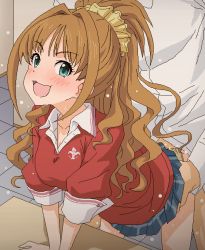 Rule 34 | 1boy, 1girl, :3, arm support, bent over, blue eyes, blush, brown hair, clothed sex, clothes lift, collared shirt, desk, eyebrows, eyelashes, green eyes, hair intakes, hetero, hino akane (idolmaster), idolmaster, idolmaster cinderella girls, long hair, looking at viewer, miniskirt, nose blush, oekaki, open mouth, panties, penis, plaid, plaid skirt, pleated skirt, ponytail, red sweater, scrunchie, sex, shirt, skirt, skirt lift, sleeves rolled up, solo focus, standing, standing sex, sweat, sweater, tomu (tomubobu), torso grab, underwear, v arms, yellow scrunchie