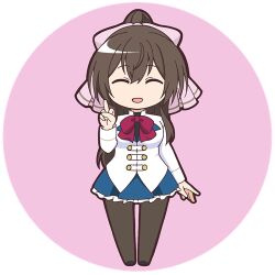 Rule 34 | 1girl, ^ ^, arm at side, assault lily, black footwear, blue skirt, bow, bowtie, breasts, brown bow, brown hair, brown pantyhose, buttons, chibi, closed eyes, commentary request, facing viewer, frilled skirt, frills, full body, hair between eyes, hair bow, hand up, herensuge girls academy school uniform, high ponytail, jacket, long hair, long sleeves, lowres, masaki itsuki, medium breasts, middle finger, miniskirt, pantyhose, parted lips, pink background, ponytail, red bow, red bowtie, round image, school uniform, serizawa chikaru, shoes, sidelocks, sign language, simple background, skirt, smile, solo, standing, transparent background, white jacket