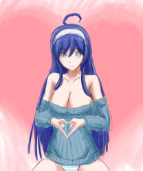 Rule 34 | :3, ahoge, bare shoulders, blue eyes, blue hair, breasts, cleavage, drawfag, hairband, heart, heart-shaped pupils, heart hands, highres, large breasts, long hair, low neckline, no bra, orie ballardiae harada, panties, ribbed sweater, solo, striped clothes, striped panties, sweater, symbol-shaped pupils, under night in-birth, underwear