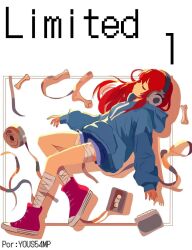 Rule 34 | #1027 (limited), 1girl, bandages, blue shorts, blue sweater, closed eyes, closed mouth, cover, cover page, highres, limited, long hair, lying, manga cover, official art, red hair, shoes, shorts, simple background, sweater, white background