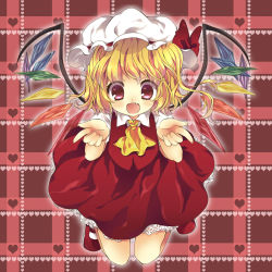 Rule 34 | 1girl, :d, bad id, bad pixiv id, blonde hair, fang, female focus, flandre scarlet, hat, heart, heart background, maki (natoriumu), open mouth, ponytail, red eyes, short hair, side ponytail, simple background, smile, solo, touhou, wide-eyed, wings