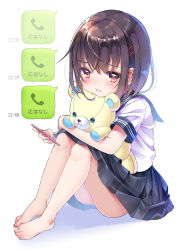 Rule 34 | 1girl, :t, barefoot, black hair, blush, cellphone, commentary request, feet, feet together, full body, hair ornament, hairclip, highres, holding, hugging object, knees up, line (naver), original, phone, pleated skirt, pout, red eyes, sakura shiori, school uniform, serafuku, short hair, short sleeves, simple background, sitting, skirt, smartphone, solo, stuffed animal, stuffed toy, teddy bear, toes, translated, white background