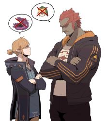 Rule 34 | 2boys, alternate costume, bad id, bad twitter id, blonde hair, castle, contemporary, crossed arms, dark-skinned male, dark skin, earrings, ganon, ganondorf, hair bun, highres, hood, hoodie, jewelry, link, male focus, manly, multiple boys, nintendo, pointy ears, red hair, redlhzz, shaded face, single hair bun, super smash bros., the legend of zelda, the legend of zelda: breath of the wild, the legend of zelda: ocarina of time, thick eyebrows, triforce, white background
