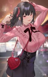 Rule 34 | 1girl, arms up, bag, black hair, black skirt, blurry, blurry background, breasts, commentary request, depth of field, hair ribbon, heart-shaped bag, highres, indoors, karinto yamada, long sleeves, looking at viewer, medium breasts, original, pink shirt, red eyes, red ribbon, ribbon, shirt, shoulder bag, skirt, solo, two side up