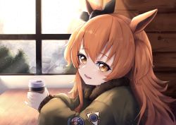 Rule 34 | 1girl, absurdres, animal ears, bad id, bad pixiv id, commentary request, cup, disposable cup, hair between eyes, hair ornament, highres, hinamayo, horse ears, huge filesize, jacket, looking at viewer, mayano top gun (umamusume), open mouth, orange eyes, orange hair, portrait, rain, solo, table, umamusume, window, wooden wall