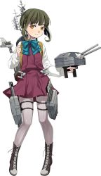Rule 34 | 10s, 1girl, ankle boots, blouse, blue bow, bob cut, boots, bow, braid, brown eyes, cannon, cross-laced footwear, dress, fujikawa, full body, green hair, kantai collection, lace-up boots, machinery, official art, pantyhose, red dress, ribbon, shirt, short hair, sidelocks, sleeveless, sleeveless dress, smile, smokestack, solo, takanami (kancolle), torpedo, transparent background, turret, yellow eyes