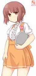 Rule 34 | 1girl, alternate costume, anna miller, apron, artist logo, badge, blouse, brown eyes, brown hair, commentary request, cowboy shot, dated, employee uniform, frilled shirt, frills, highres, kanon (kurogane knights), kantai collection, looking at viewer, name tag, orange apron, orange skirt, shirt, short hair, short sleeves, simple background, skirt, solo, uniform, waitress, white background, white shirt, z3 max schultz (kancolle)