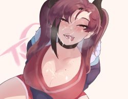 Rule 34 | 1girl, blush, breasts, cleavage, covered erect nipples, cum, dae seo-yun (nyantcha), freckles, heart, heart-shaped pupils, highres, large breasts, looking at viewer, mole, mole on breast, nyantcha, open mouth, original, purple eyes, purple hair, solo, suggestive fluid, symbol-shaped pupils, tongue, tongue out, twintails