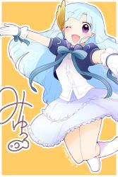 Rule 34 | 10s, 1girl, artist name, blue hair, blush, boots, bow, bowtie, cardfight!! vanguard, cardfight!! vanguard g, character name, dated, gloves, hair ornament, karamayo rolo, long hair, one eye closed, open mouth, purple eyes, solo, yatomi saya