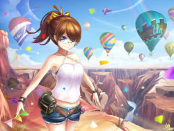 Rule 34 | 1girl, aircraft, airplane, bare shoulders, belt, blue eyes, bow, bracelet, brown hair, canyon, day, glasses, hair bow, hot air balloon, jewelry, jurrig, long hair, original, ponytail, river, shorts, sky, smile, solo