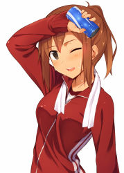 Rule 34 | 1girl, bad id, bad pixiv id, blush, brown eyes, brown hair, can, gym uniform, jacket, kinta (distortion), long sleeves, looking at viewer, one eye closed, open mouth, original, ponytail, short hair, simple background, solo, sweat, towel, track jacket, upper body, white background, white towel