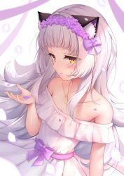 Rule 34 | 1girl, absurdres, animal ear fluff, animal ears, arata (xin), bare shoulders, blunt bangs, blush, bow, cat ears, collarbone, commentary, dress, eyes visible through hair, flower, hair bow, hand up, head wreath, highres, hololive, jewelry, long hair, looking at viewer, murasaki shion, necklace, off-shoulder dress, off shoulder, parted lips, petals, purple bow, purple flower, short eyebrows, sideways glance, silver hair, solo, upper body, virtual youtuber, white dress, yellow eyes