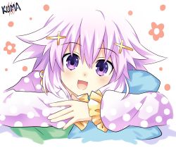 Rule 34 | 1girl, curious, d-pad, d-pad hair ornament, excited, hair ornament, happy, highres, jacket, lewdkuma, long sleeves, looking at viewer, neptune (neptunia), neptune (series), open mouth, pajamas, pink hair, purple eyes, short hair, smile, solo, white jacket