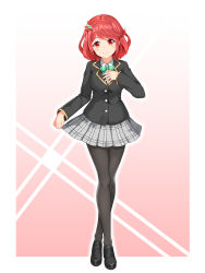 Rule 34 | 1girl, black footwear, blazer, blouse, bow, bowtie, breasts, buttons, collared shirt, contemporary, female focus, full body, green bow, green bowtie, hair ornament, highres, jacket, looking at viewer, matching hair/eyes, nintendo, pantyhose, plaid, plaid skirt, pyra (xenoblade), red eyes, red hair, school uniform, shirt, short hair, skirt, smile, solo, standing, swept bangs, white background, white shirt, xenoblade chronicles (series), xenoblade chronicles 2, yukiha kanade