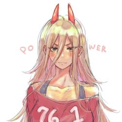 Rule 34 | blonde hair, breasts, chainsaw man, collarbone, colored pencil (medium), demon horns, horns, large breasts, light blush, light smile, long hair, looking at viewer, off shoulder, portrait, power (chainsaw man), print shirt, shiny skin, shirt, sports bra, t-shirt, thick eyebrows, tontoro (toropig-thunder), traditional media, very long hair, white background, yellow eyes