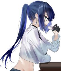 Rule 34 | 1girl, alternate hair length, alternate hairstyle, black gloves, black necktie, blue hair, breasts, commentary request, crop top, crop top overhang, cup, earrings, from side, genshin impact, gloves, green eyes, holding, holding cup, jewelry, large breasts, long hair, midriff, navel, necktie, profile, shirt, sidelocks, smile, solo, srpzk, stomach, upper body, very long hair, white shirt, yelan (genshin impact)