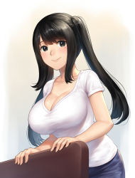 Rule 34 | 1girl, arm support, bad id, bad pixiv id, black eyes, black hair, blush, breasts, brown eyes, cleavage, closed mouth, collarbone, commentary, english commentary, gradient background, highres, large breasts, leaning forward, long hair, looking at viewer, mole, mole under eye, nhaliz, no bra, original, shirt, short sleeves, sidelocks, smile, solo, twintails, upper body, white shirt