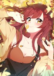 Rule 34 | 1girl, absurdres, armpits, autumn leaves, blush, breasts, brown hair, cleavage, collarbone, ginkgo leaf, highres, holding, holding leaf, idolmaster, idolmaster shiny colors, leaf, lipstick, long hair, looking at viewer, lying, makeup, medium breasts, nail polish, on back, osaki amana, reikakrzk, smile, solo, suspenders, yellow eyes