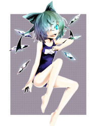 Rule 34 | 1girl, barefoot, blue eyes, blue hair, bow, cirno, fangs, feet, female focus, flat chest, hair bow, hair over one eye, highres, matching hair/eyes, one-piece swimsuit, open mouth, school swimsuit, short hair, solo, swimsuit, touhou, wings, yamineko